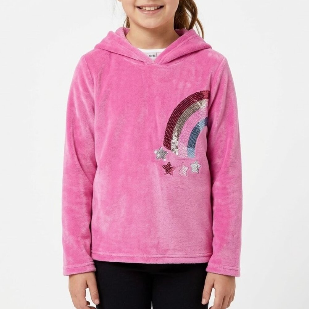 BCBG Girls Pink Sequin Rainbow Star Hoodie Plush Fleece Soft Girl Kidcore Med